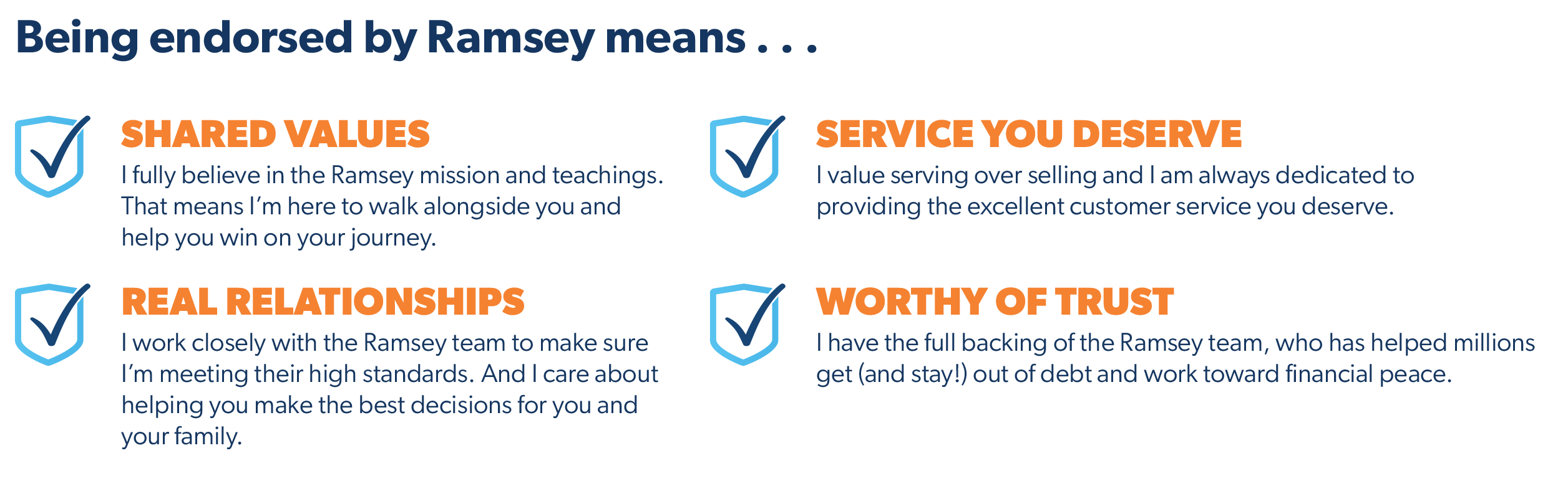 Text image titled "Being endorsed by Ramsey means..." with four points: Shared Values, Real Relationships, Service You Deserve, and Worthy of Trust, each followed by brief explanations highlighting guidance, partnership, excellence, and trustworthiness.